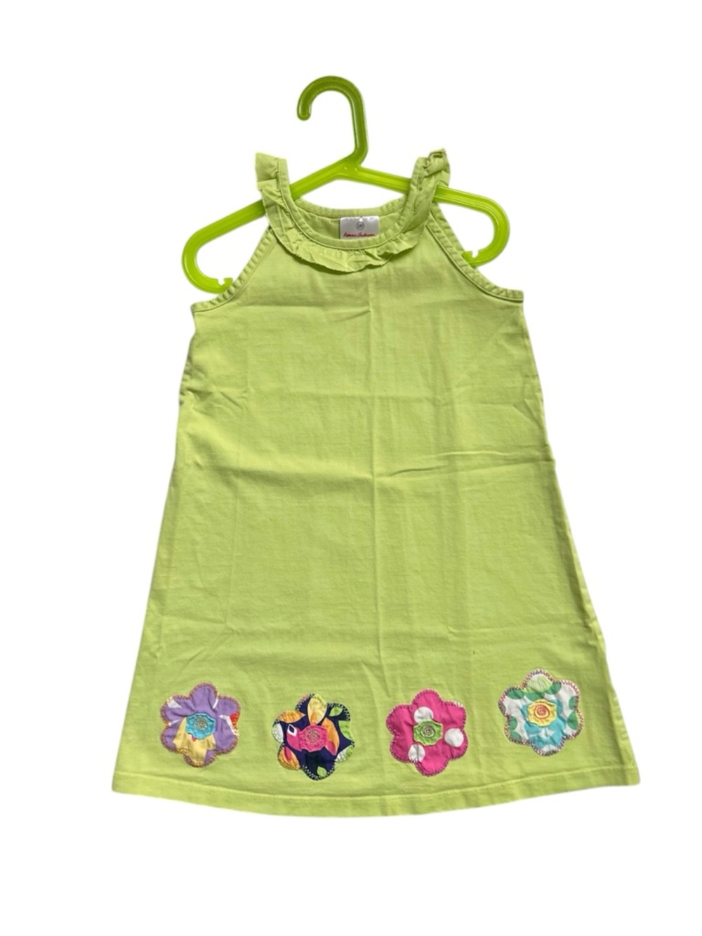 Hanna Andersson Light Green Summer Dress Ruffle Neck Applique Flowers Sz 120/6-7